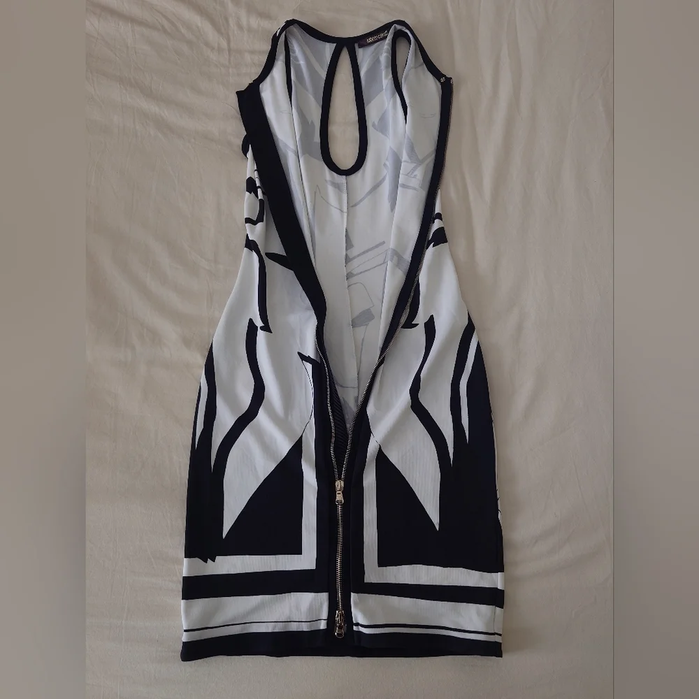 FLAW Zip-up ROBERTO CAVALLI Runway Leaves Print Black White Short Dress Mini 38 - Picture 13 of 16